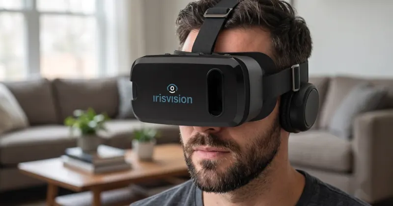 A man wearing the IrisVision Vista headset at home