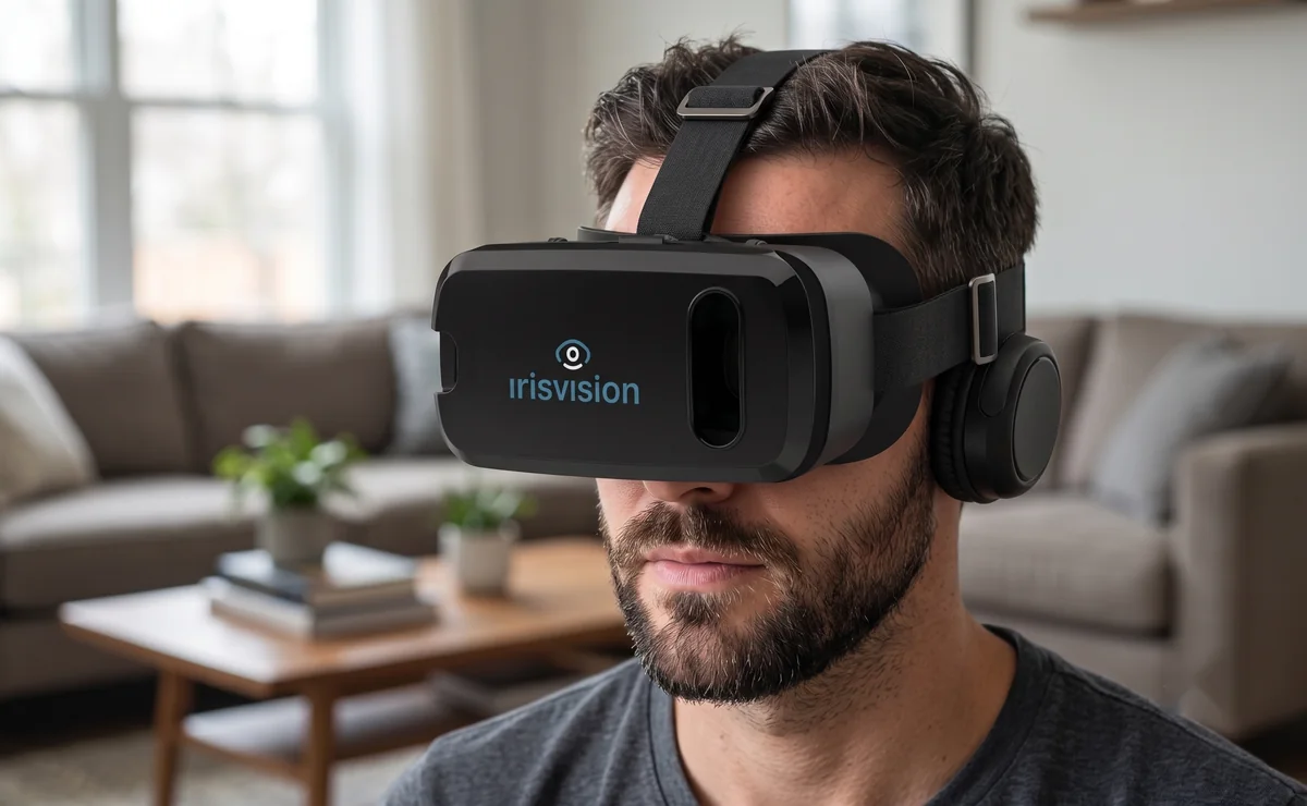 A man reading at home while wearing the IrisVision Vista low-vision headset