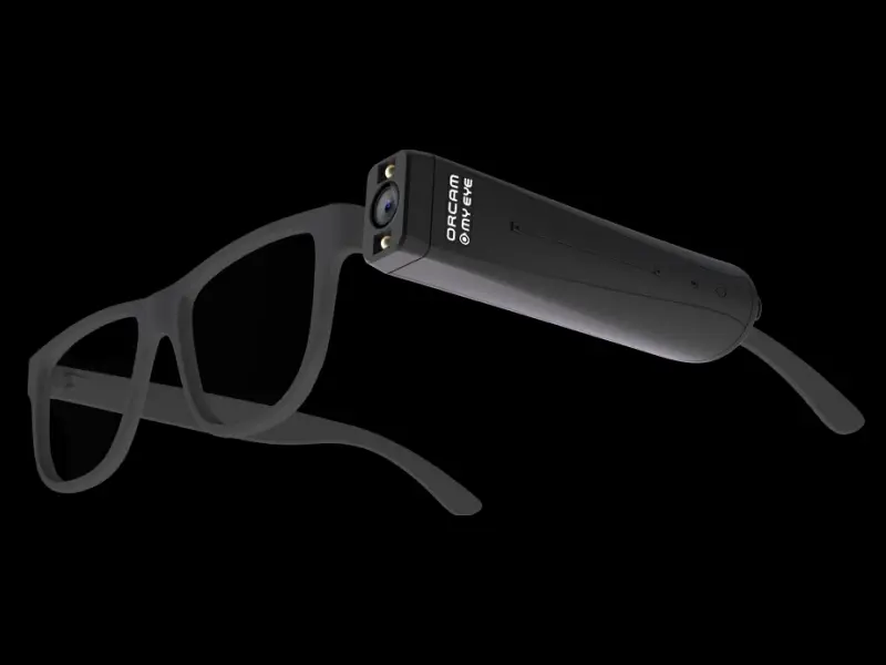 A person wearing OrCam low-vision glasses