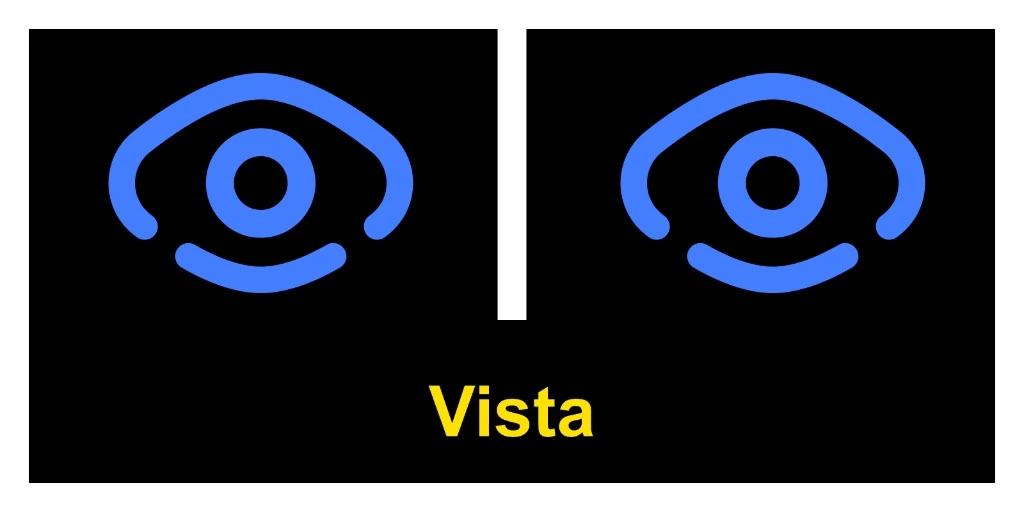 Vista Welcome screen — two blue IrisVision eyes and the word Vista